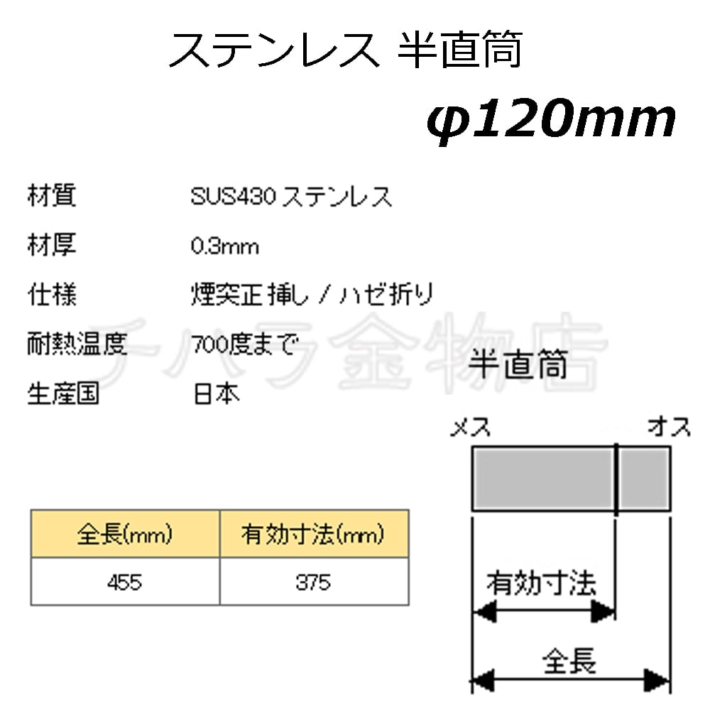 ステンレス煙突 半筒 120 （12043） | チハラ金物店