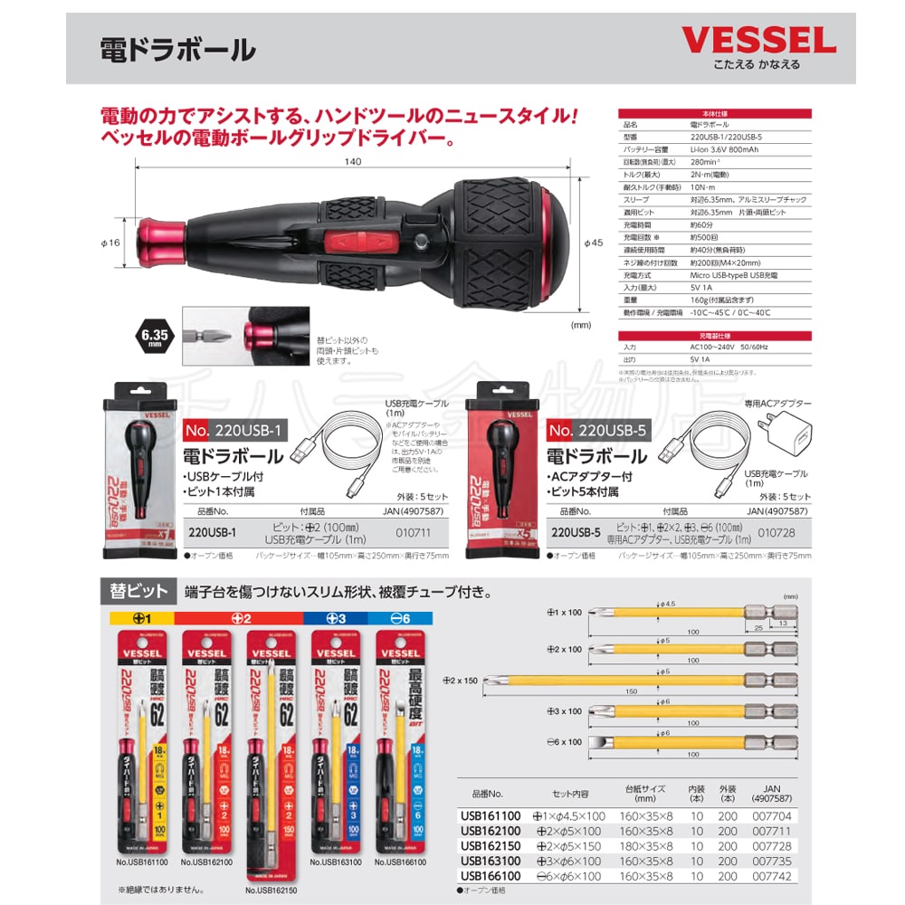 (新品)ベッセル(VESSEL) 電ドラボール 220USB-1 ビット1本付